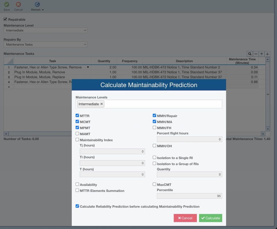 Image shows various calculation options within the Relyence Maintainability Prediction Analysis software, based on Mil-HDBK-472 standard