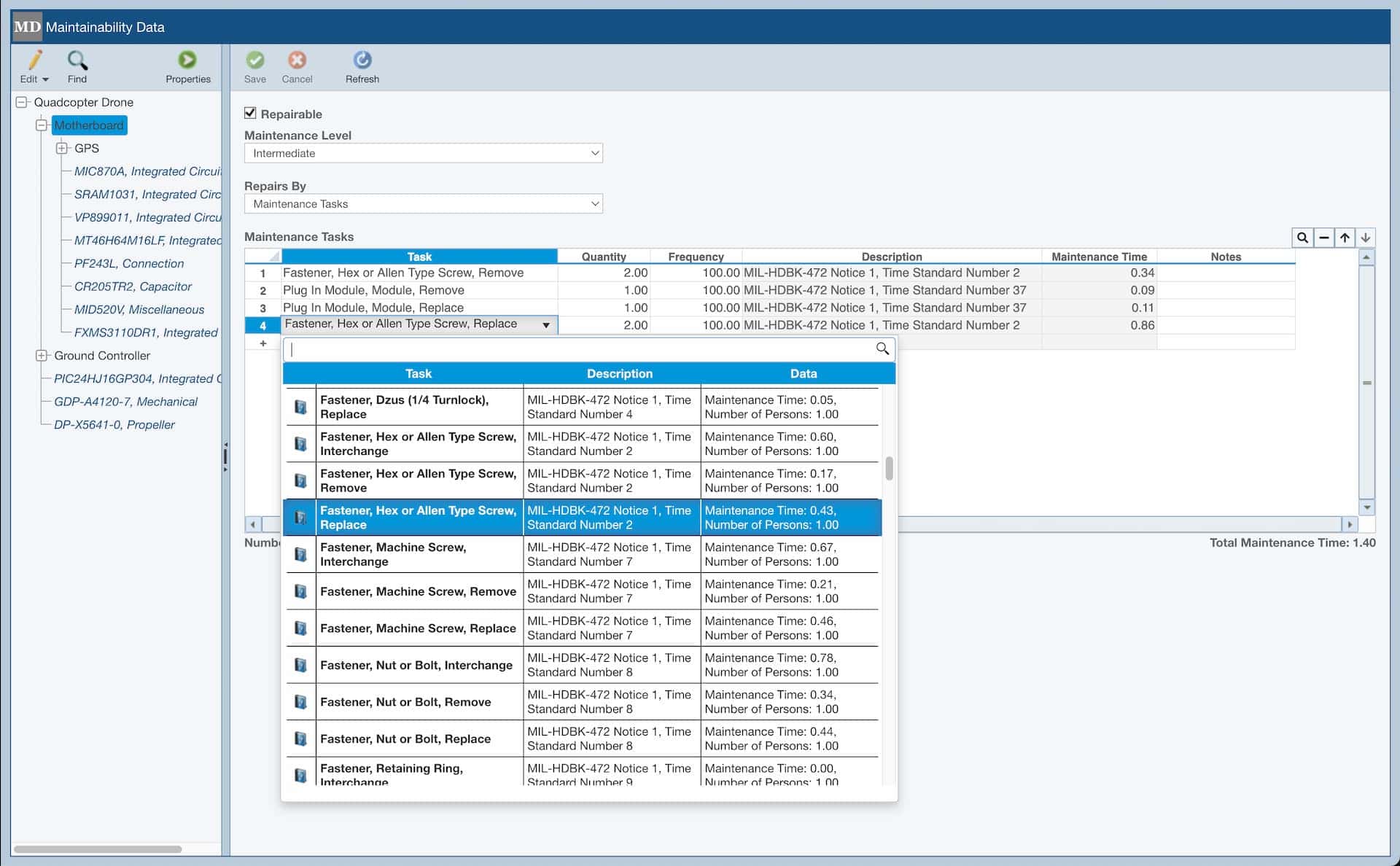Image shows the user selecting maintainability tasks within Relyence Maintainability Prediction Analysis software