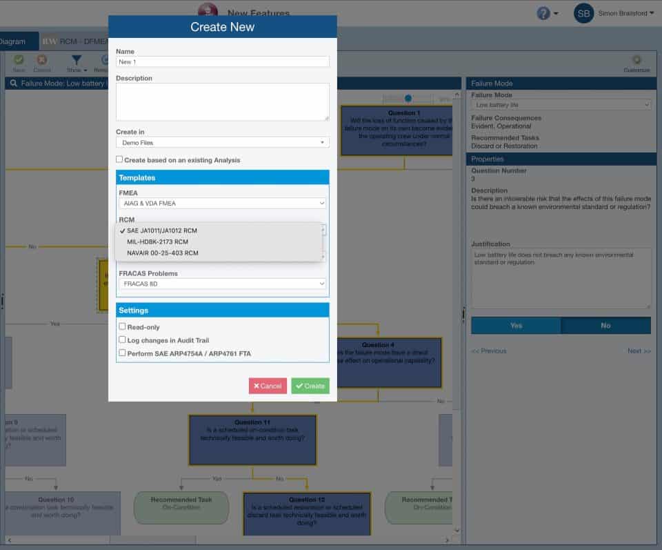 Image shows various RCM standards supported within the Relyence RCM Analysis software.