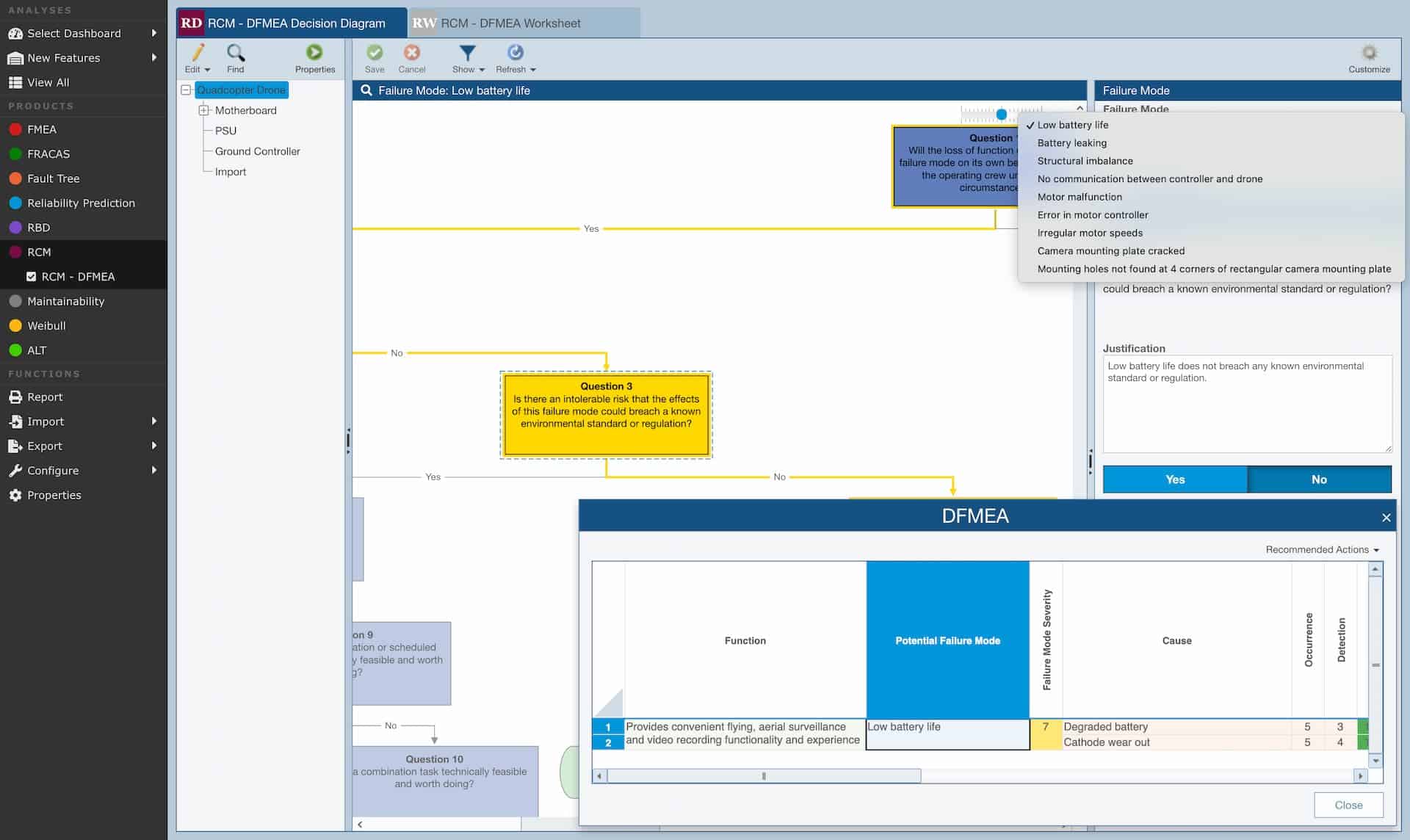 Image shows the Relyence RCM analysis software in use, where the user has selected the "Low Battery Life" failure mode, analysed in the Relyence FMEA software.