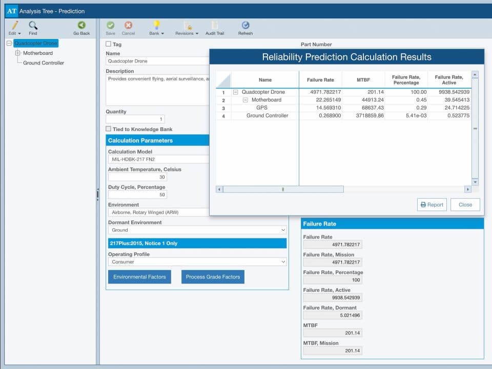 Image shows the calculation properties for the selected subsystem when performing reliability predictions in Relyence software
